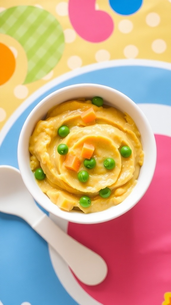Creamy Mashed Vegetables for Babies A bowl of mashed carrots, peas, and sweet potatoes for babies, with a spoon on a colorful mat.